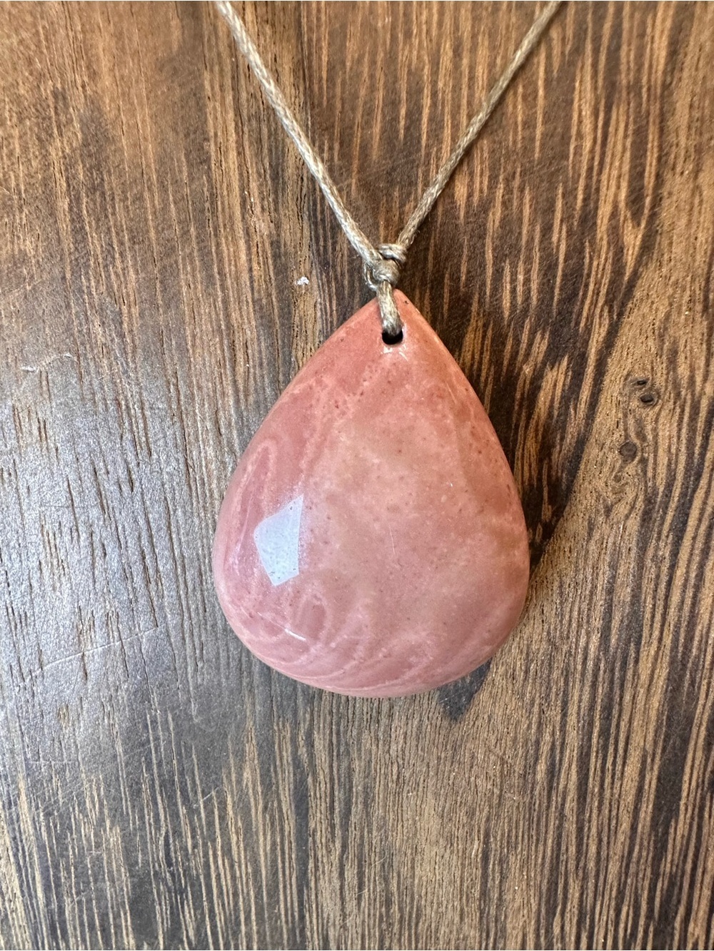 Minimalist Polychrome Jasper Teardrop Pendant Necklace on Thin Brown Rope - Picture 4 of 16